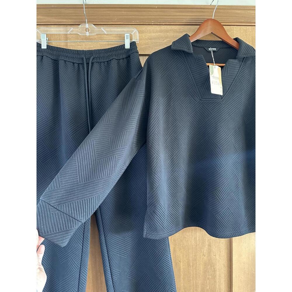 NWT BTFBM Black Textured Collared V-Neck Top & Wide Leg Pants Lounge Set size LG - Picture 3 of 15